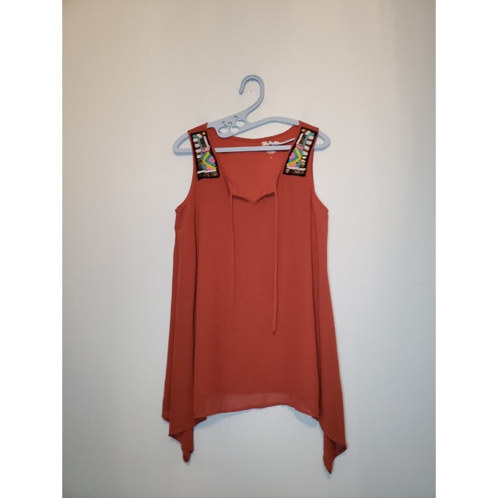 Wrangler Womens L Tank Top Beaded Keyhole Tie Neck Rust Flowy Western Pullover